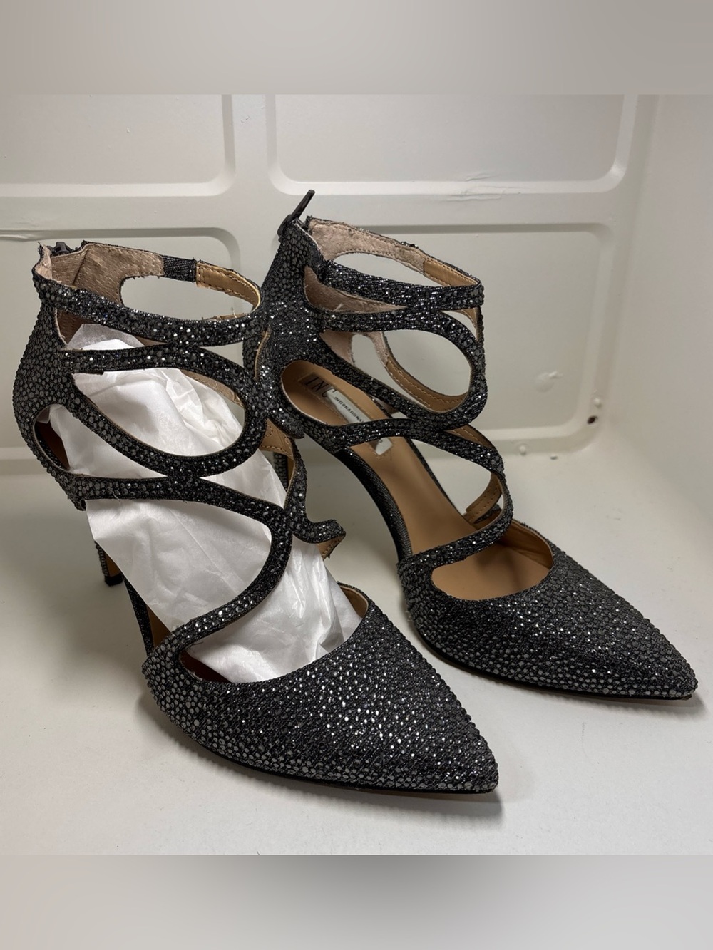 INC International Concepts Black Glitter Cutout Pointed-Toe Heels